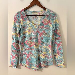 Lily Pulitzer Cassie Printed In The Beginning Long Sleeve V Neck Top Size Smalll